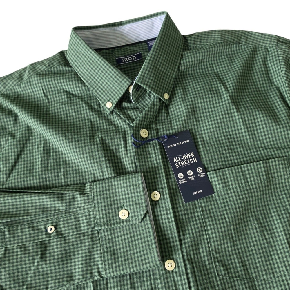 IZOD Mens Button Down Shirt Green Gingham All Over Stretch LT Large Tall